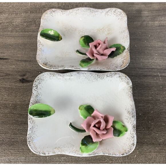 Porcelain 3D Rose 2 Trinket Dishes Japan Vintage Rectangle Plate - Picture 4 of 9